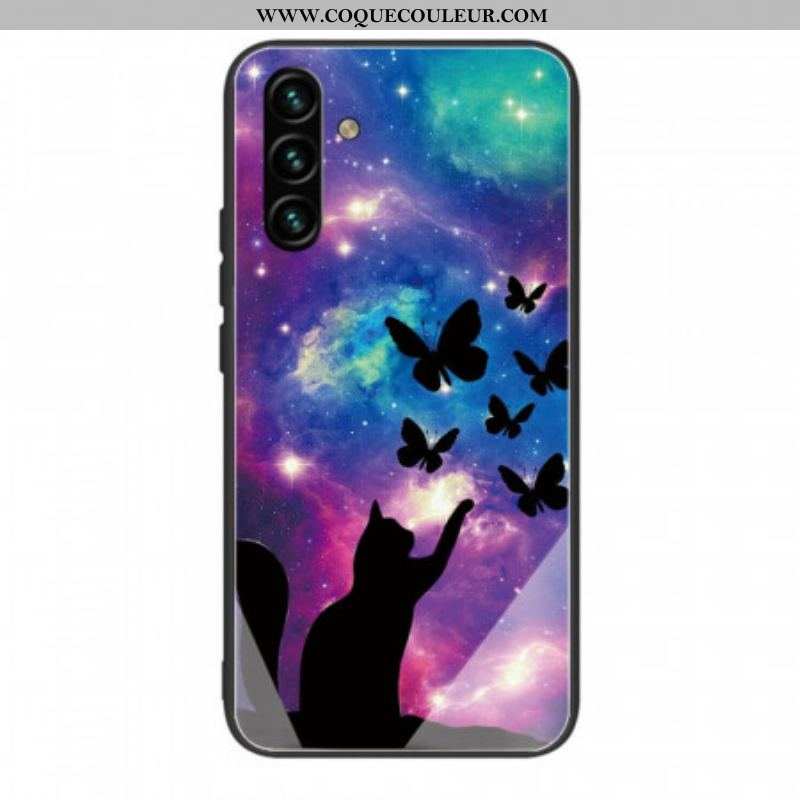 Coque Samsung Galaxy A13 5G / A04s Verre Trempé Chat et Papillons Dans l'Espace
