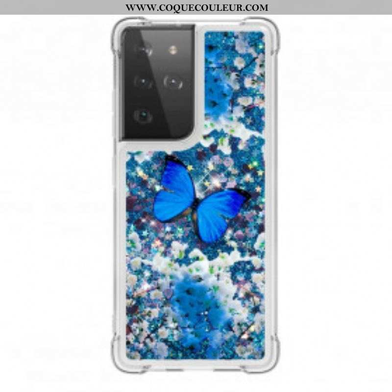 Coque Samsung Galaxy S21 Ultra 5G Papillons Bleus Paillettes