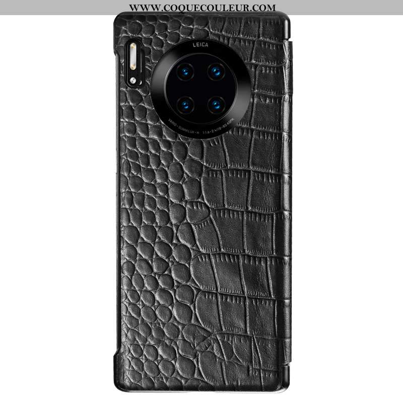 Coque Huawei Mate 30 Rs Protection Cuir Noir, Housse Huawei Mate 30 Rs Cuir Véritable Noir