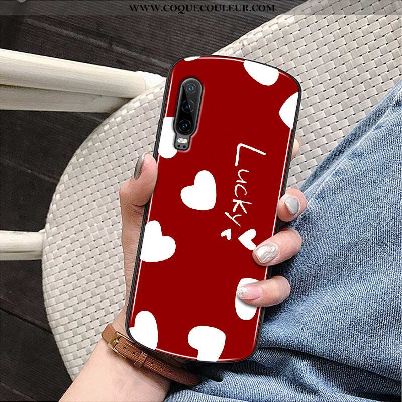 Coque Huawei P30 Verre Protection Rond, Housse Huawei P30 Tendance Rouge