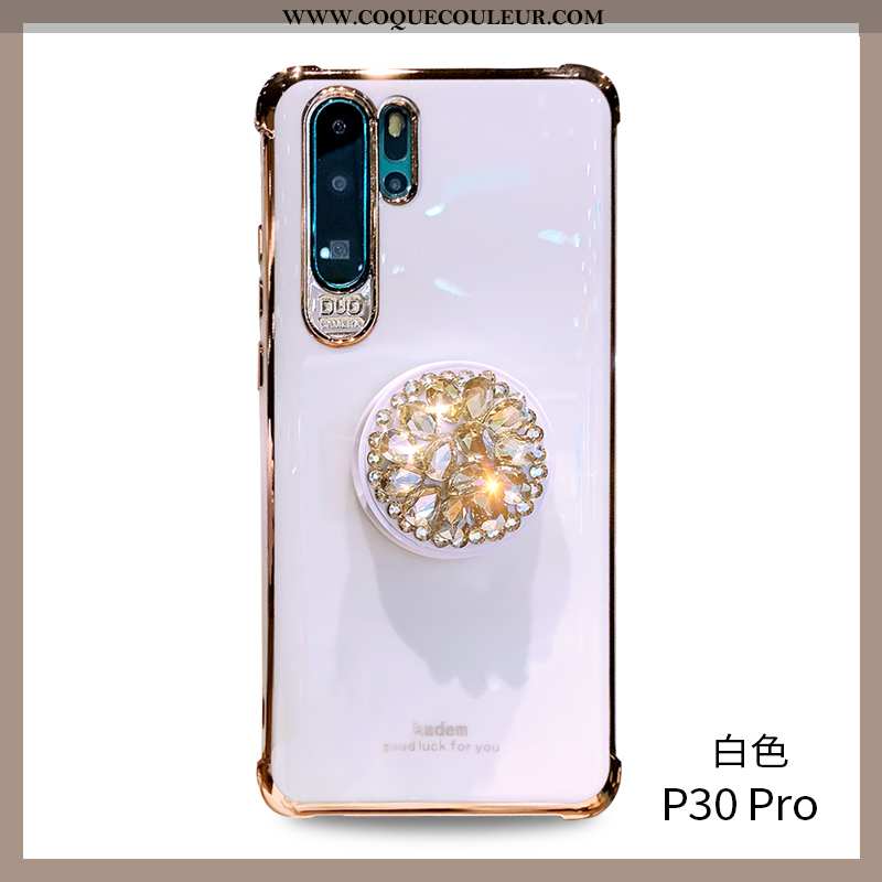 Étui Huawei P30 Pro Protection Incassable Support, Coque Huawei P30 Pro Strass Blanche