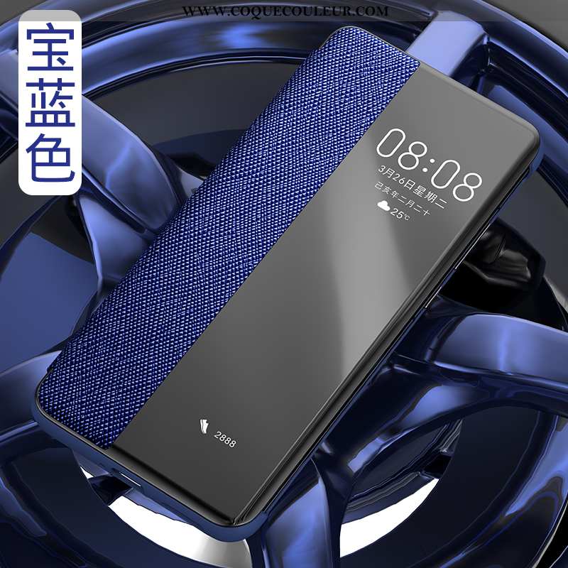 Étui Huawei P40 Pro Cuir Véritable Bleu Marin Clamshell, Coque Huawei P40 Pro Cuir Tout Compris Bleu