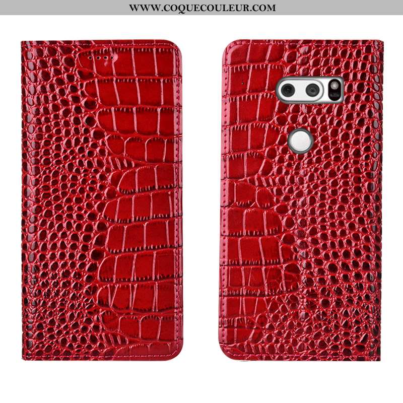 Housse Lg V30 Cuir Véritable Crocodile Téléphone Portable, Étui Lg V30 Protection Rouge