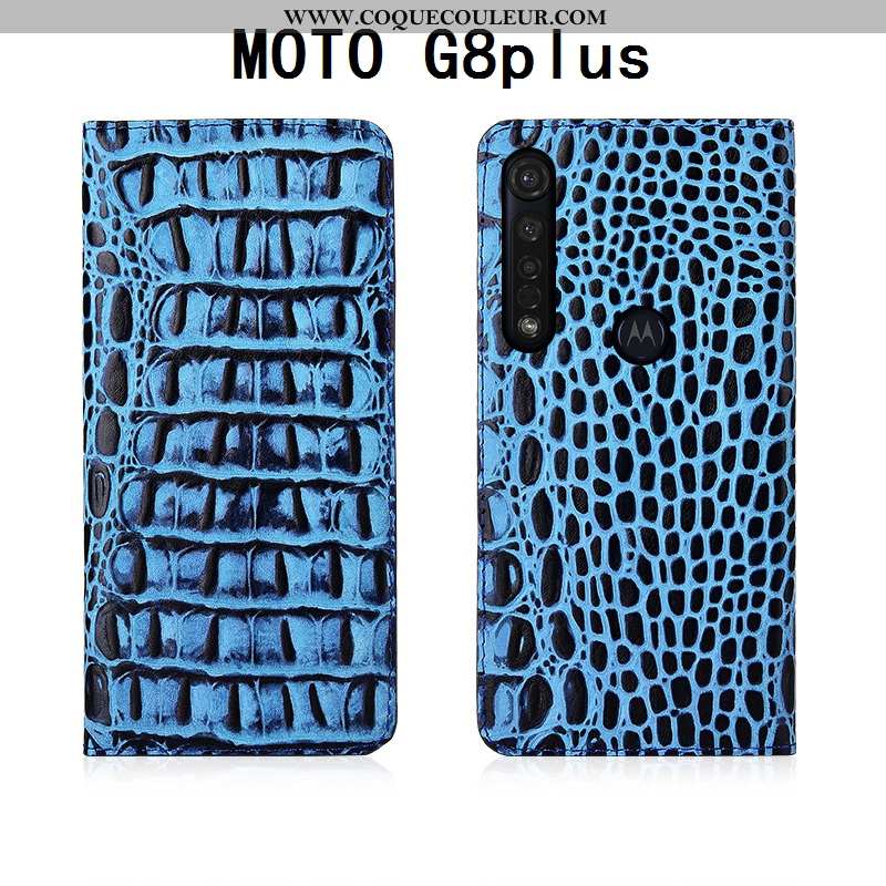 Coque Moto G8 Plus Cuir Téléphone Portable Coque, Housse Moto G8 Plus Fluide Doux Tout Compris Bleu