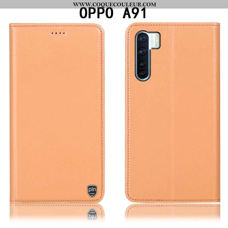 Housse Oppo A91 Cuir Véritable Étui Téléphone Portable, Oppo A91 Protection Jaune