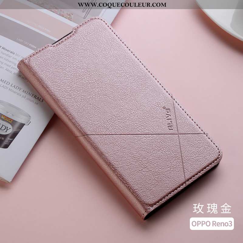 Housse Oppo Reno 3 Protection Silicone Clamshell, Étui Oppo Reno 3 Cuir Coque Rose