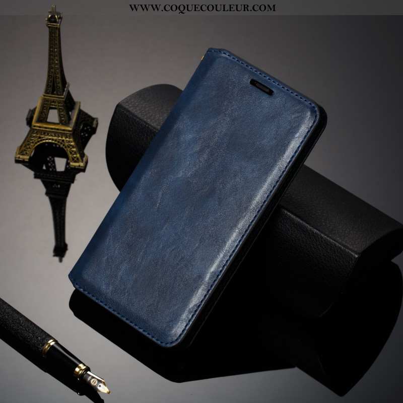 Coque Samsung Galaxy Note 10 Cuir Bleu Marin Luxe, Housse Samsung Galaxy Note 10 Protection Bleu Fon
