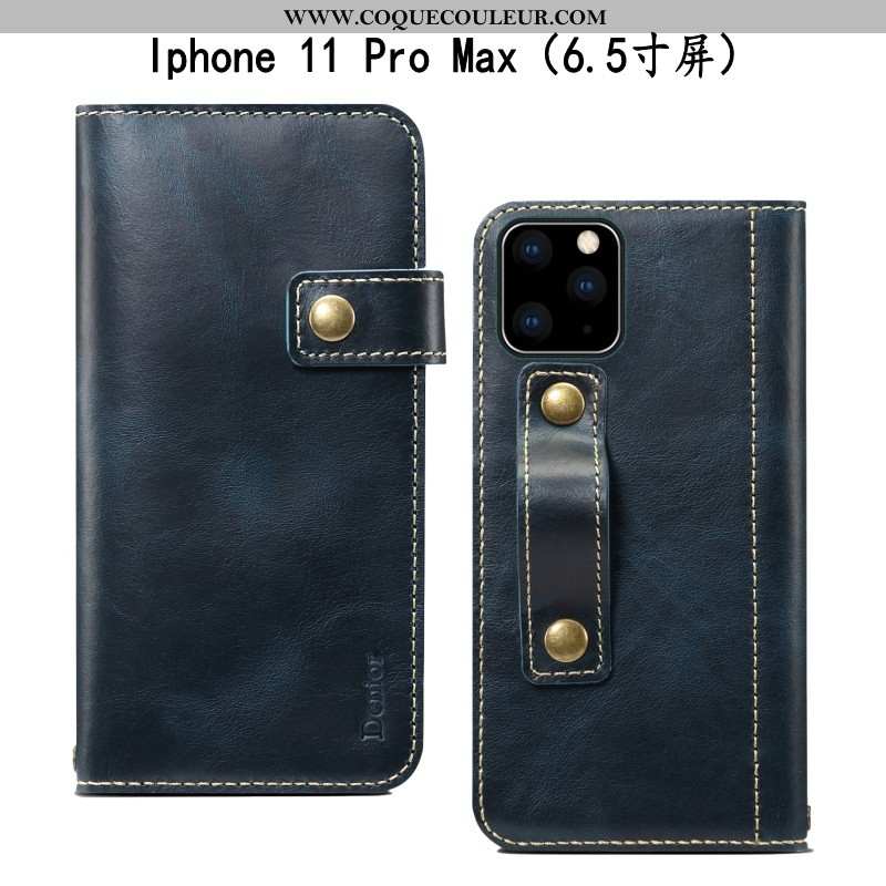 Coque iPhone 11 Pro Max Cuir Bovins Incassable, Housse iPhone 11 Pro Max Fluide Doux Bleu Marin Bleu