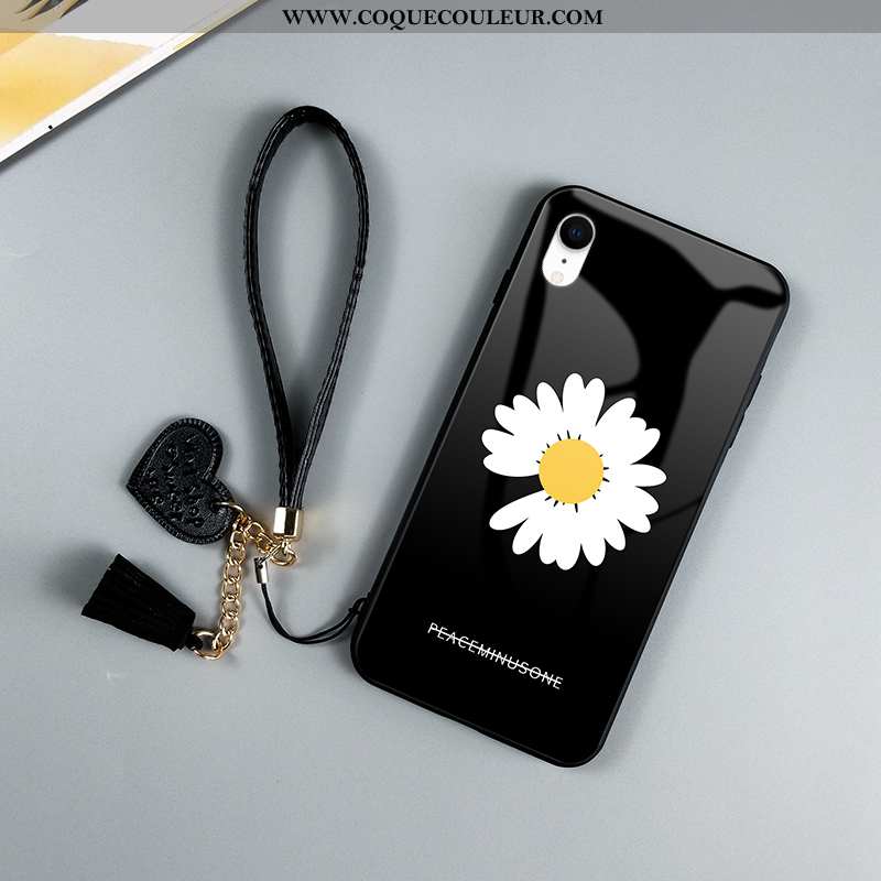 Étui iPhone Xr Verre Téléphone Portable Noir, Coque iPhone Xr Personnalité Petite Marguerite Noir