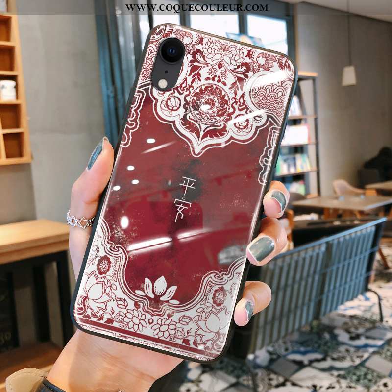 Coque iPhone Xr Silicone Tout Compris Rouge, Housse iPhone Xr Verre Style Chinois Rouge