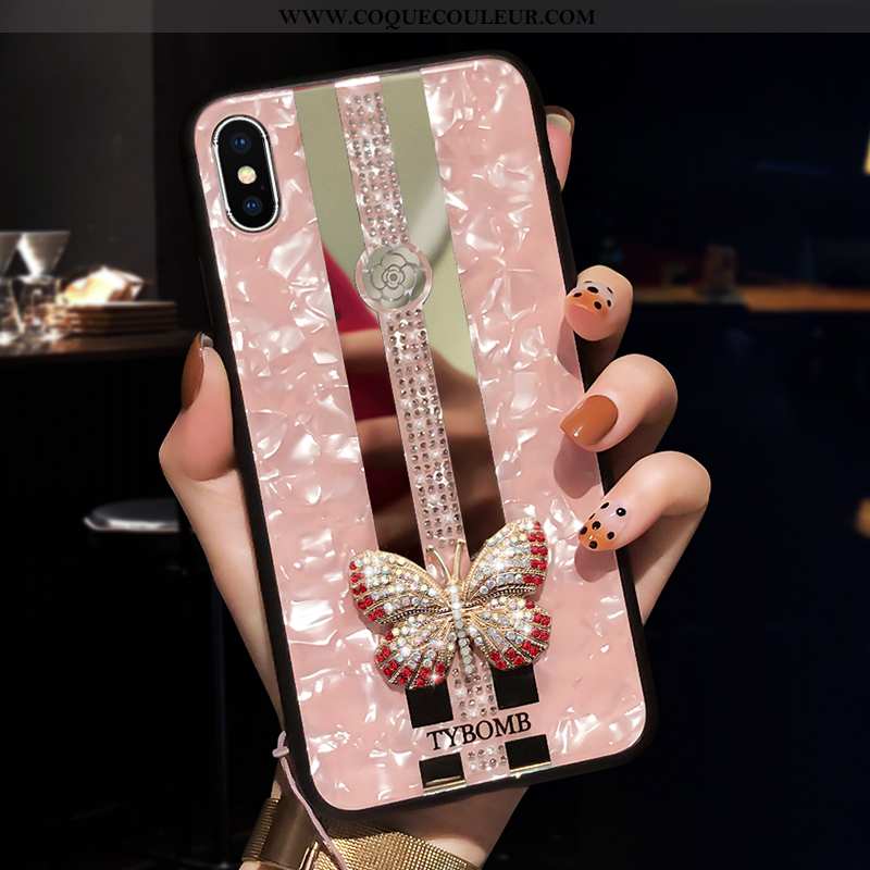 Coque iPhone Xs Max Verre Miroir Tendance, Housse iPhone Xs Max Incruster Strass Silicone Rose