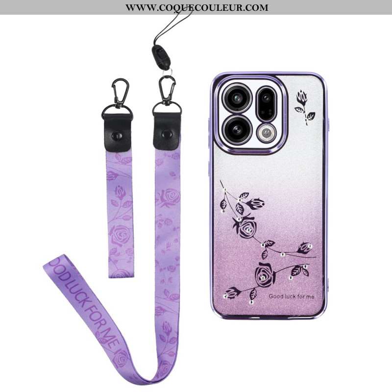 Coque Oppo Find X9 5G Fleurs et Strass à Lanières KADEM