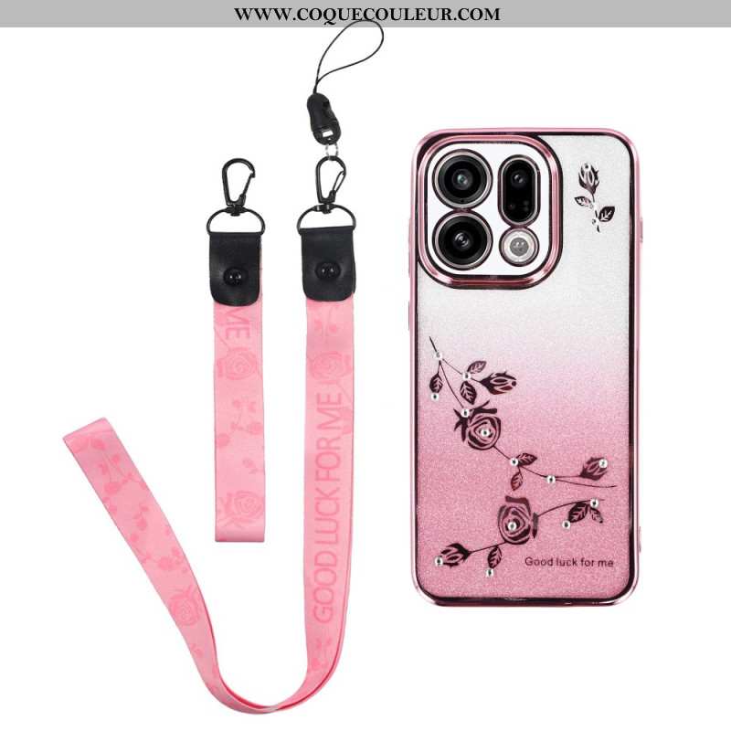 Coque Oppo Find X9 5G Fleurs et Strass à Lanières KADEM