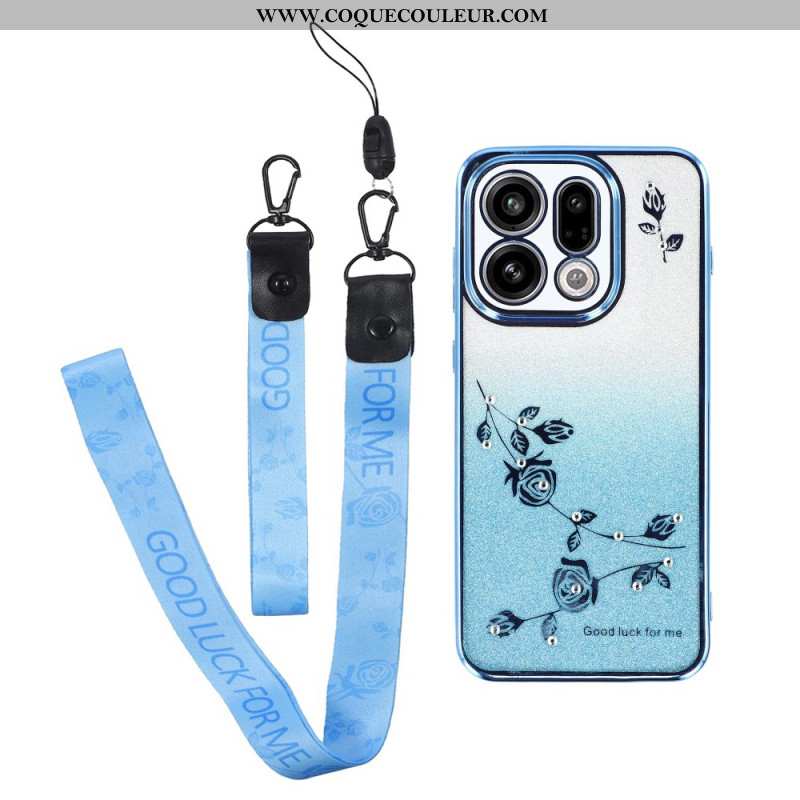 Coque Oppo Find X9 5G Fleurs et Strass à Lanières KADEM