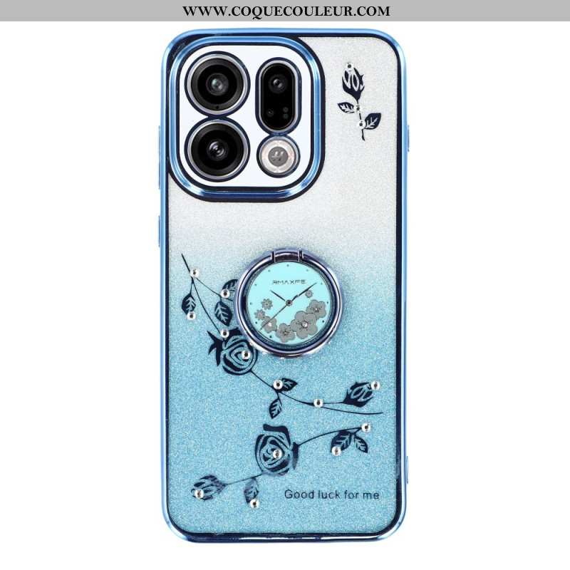 Coque Oppo Find X9 5G Anneau-Support Fleurs et Strass KADEM