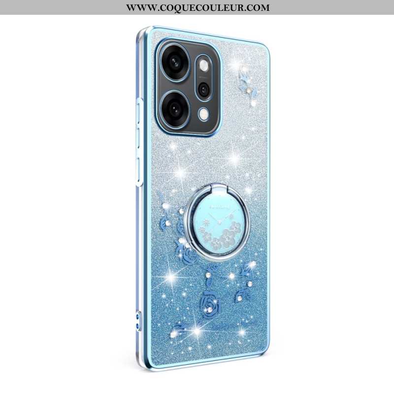 Coque Oppo Reno 14 5G Fleurs et Strass avec Anneau-Support