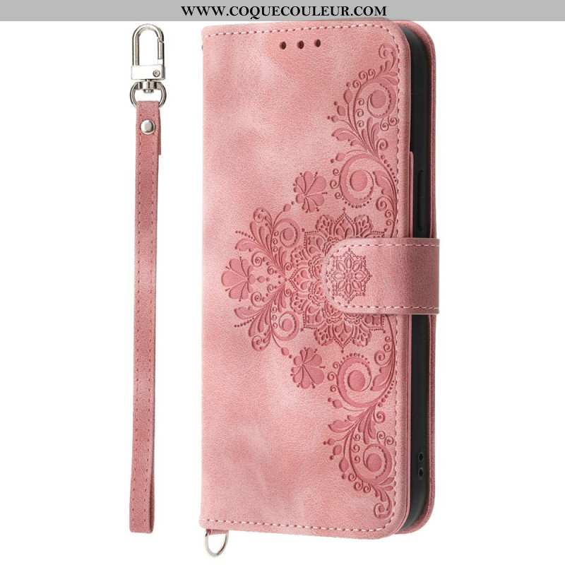 Housse Oppo Reno 14 Pro 5G Effet Daim Dentelle avec Lanière et Bandoulière