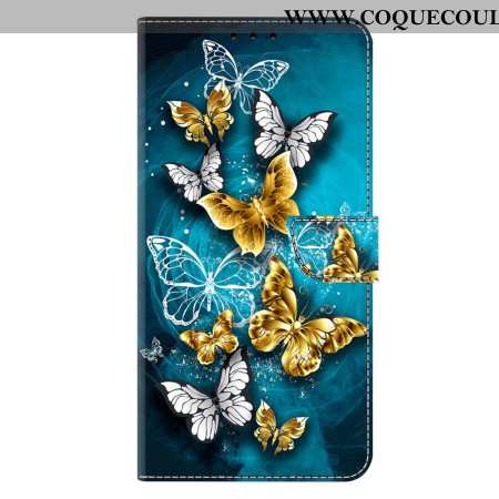 Housse Samsung Galaxy A17 4G / 5G Papillons Dorés sur Fond Vert