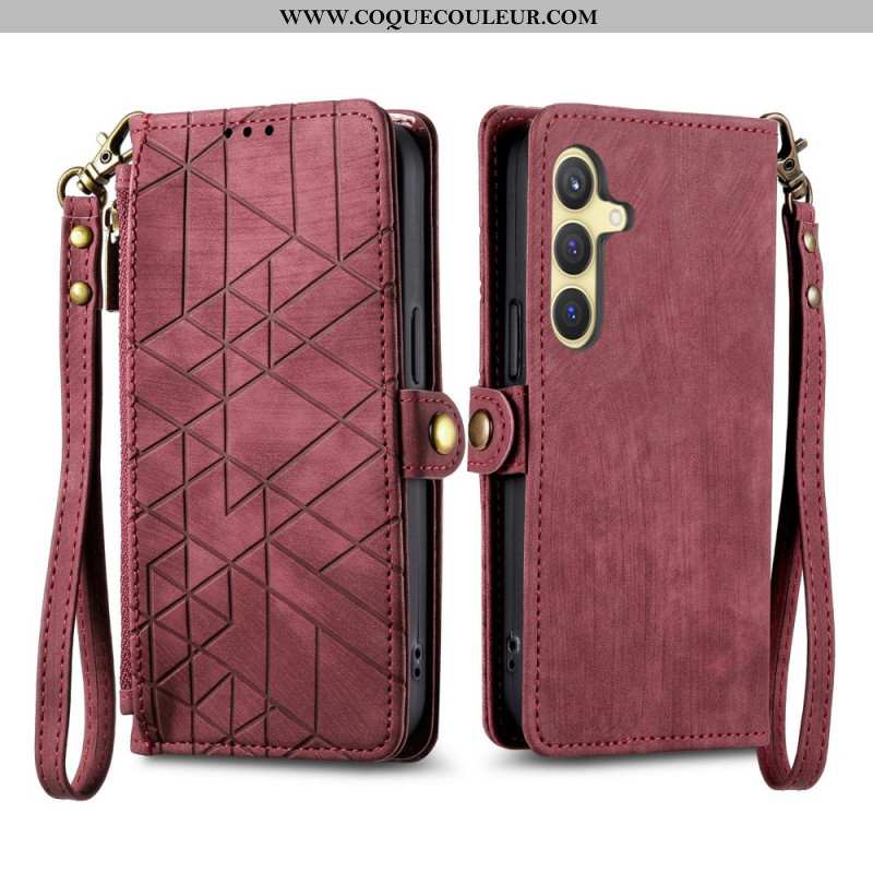 Housse Samsung Galaxy S25 5G Portefeuille Effet Daim Motif Géométrique