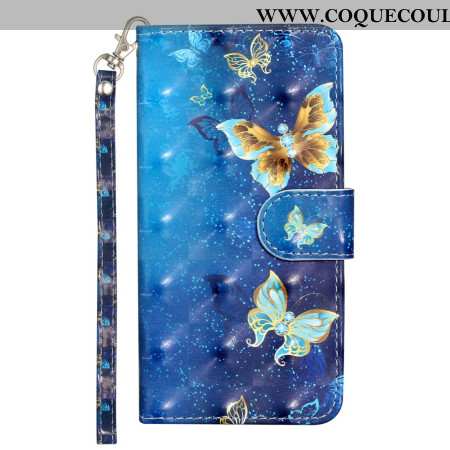 Housse Samsung Galaxy S25 FE Papillons Bleu et Or à Lanière