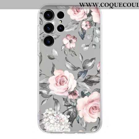 Coque Samsung Galaxy S25 Ultra 5G Motif Floral sur Fond Gris
