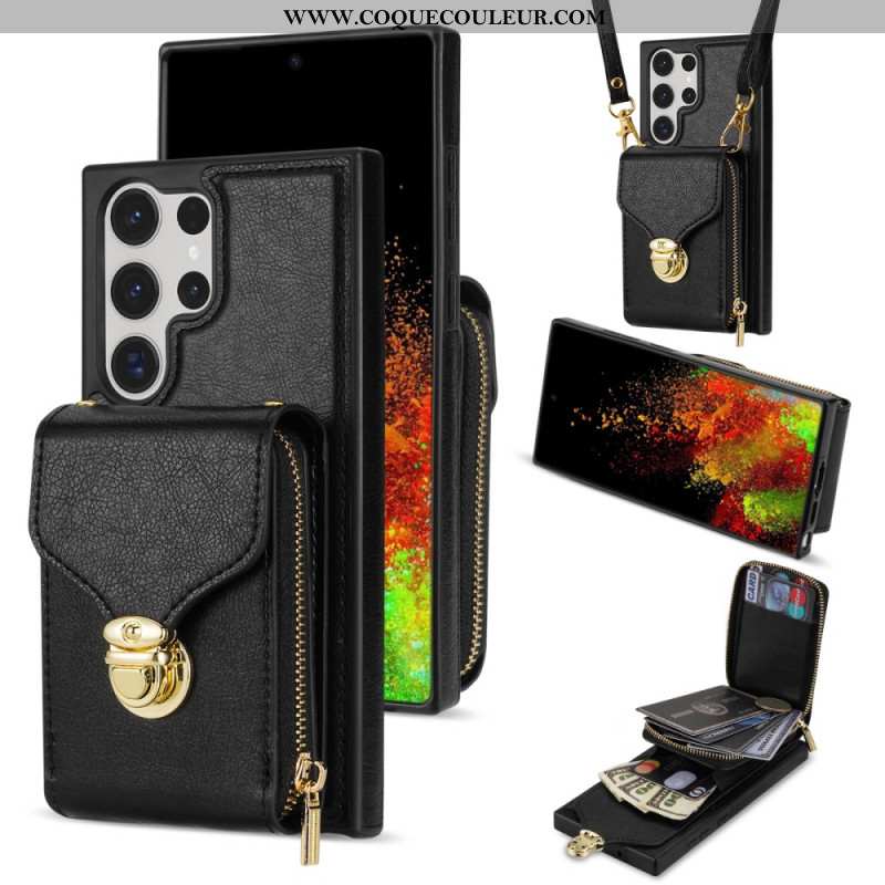 Coque Samsung Galaxy S25 Ultra 5G Portefeuille à Fermeture Éclair et Bandoulière