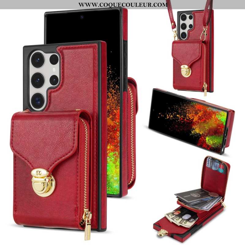 Coque Samsung Galaxy S25 Ultra 5G Portefeuille à Fermeture Éclair et Bandoulière