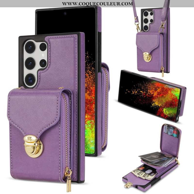 Coque Samsung Galaxy S25 Ultra 5G Portefeuille à Fermeture Éclair et Bandoulière