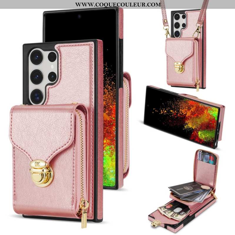 Coque Samsung Galaxy S25 Ultra 5G Portefeuille à Fermeture Éclair et Bandoulière