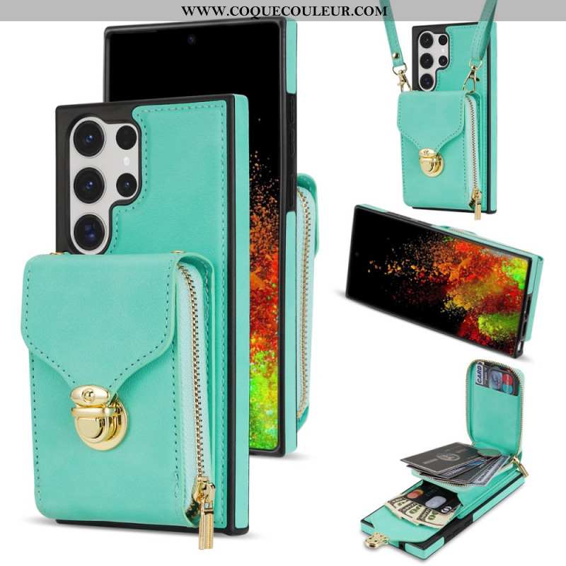 Coque Samsung Galaxy S25 Ultra 5G Portefeuille à Fermeture Éclair et Bandoulière