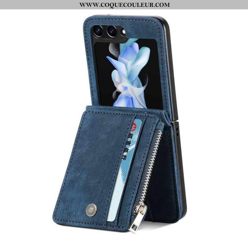 Coque Samsung Galaxy Z Flip 7 FE / Z Flip 6 Support Rétro et Porte-Cartes Zippé
