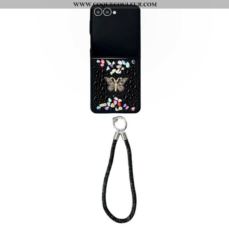 Coque Samsung Galaxy Z Flip 7 Design Paillettes et Dragonne