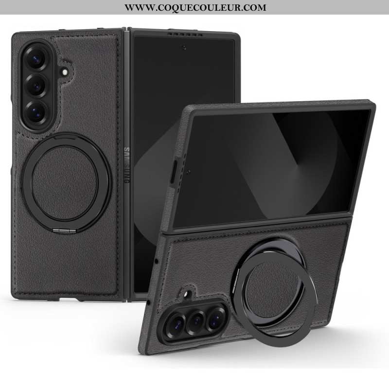 Coque Samsung Galaxy Z Fold 7 Compatible MagSafe Effet Cuir avec Anneau-Support Rotatif à