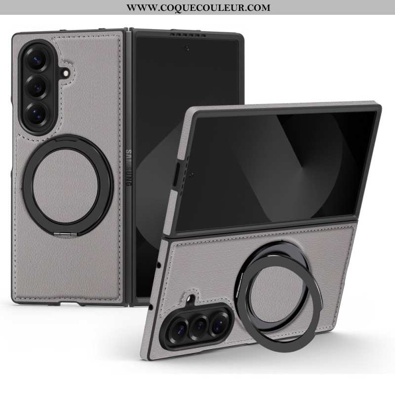 Coque Samsung Galaxy Z Fold 7 Compatible MagSafe Effet Cuir avec Anneau-Support Rotatif à