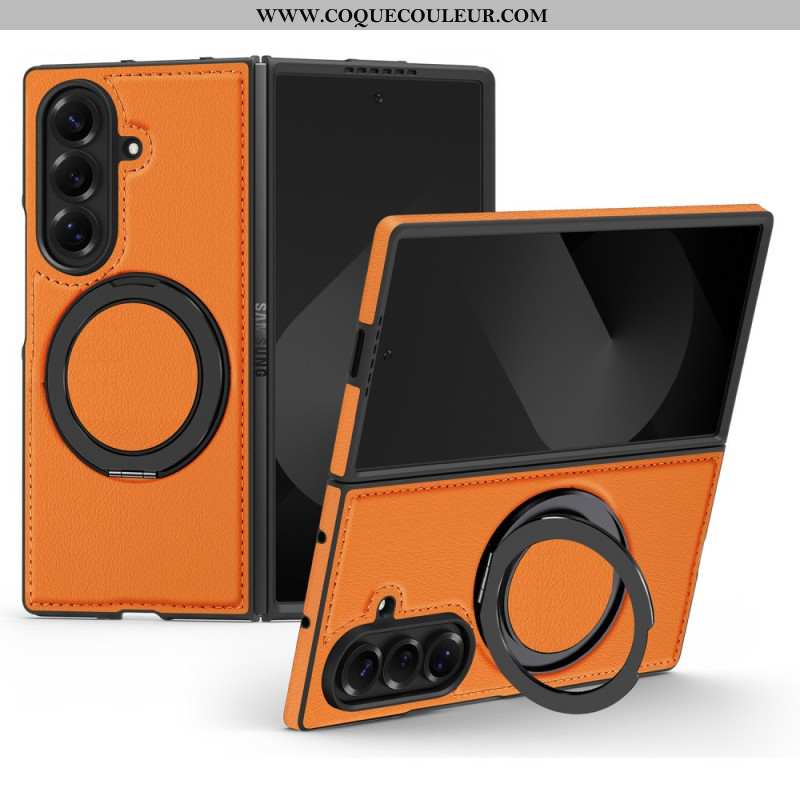 Coque Samsung Galaxy Z Fold 7 Compatible MagSafe Effet Cuir avec Anneau-Support Rotatif à