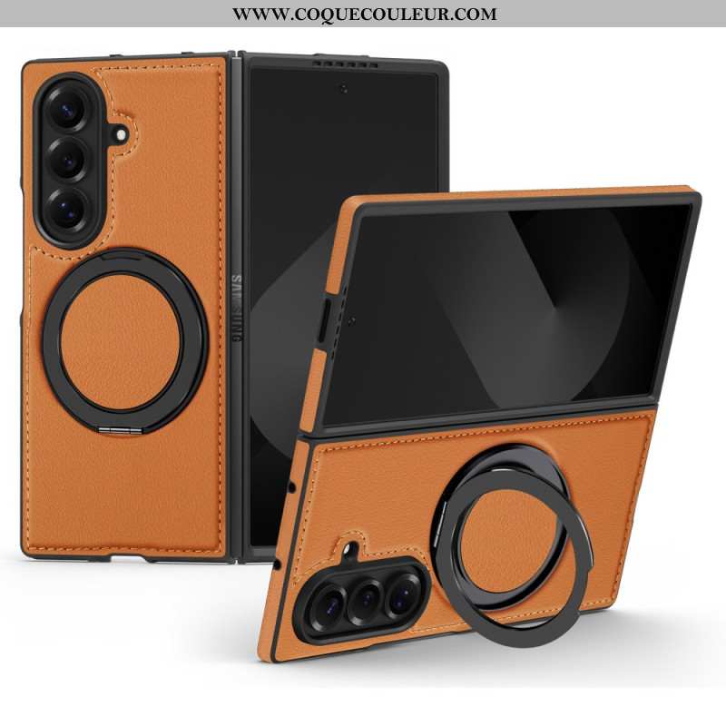 Coque Samsung Galaxy Z Fold 7 Compatible MagSafe Effet Cuir avec Anneau-Support Rotatif à