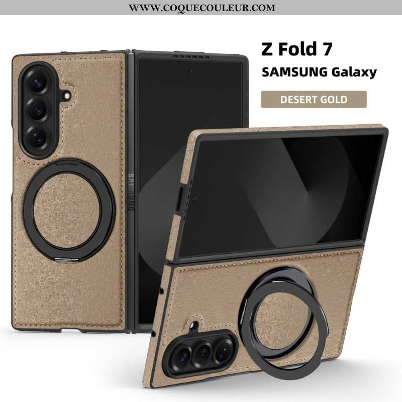 Coque Samsung Galaxy Z Fold 7 Compatible MagSafe Effet Cuir avec Anneau-Support Rotatif à