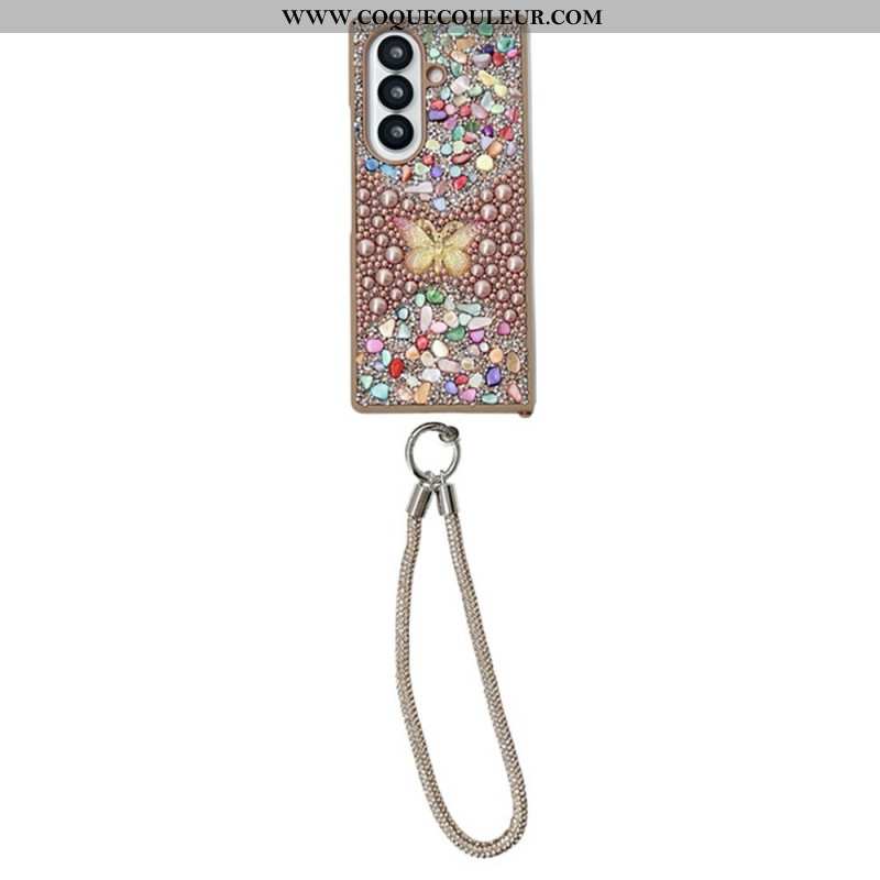Coque Samsung Galaxy Z Fold 7 Papillon Strass avec Lanière