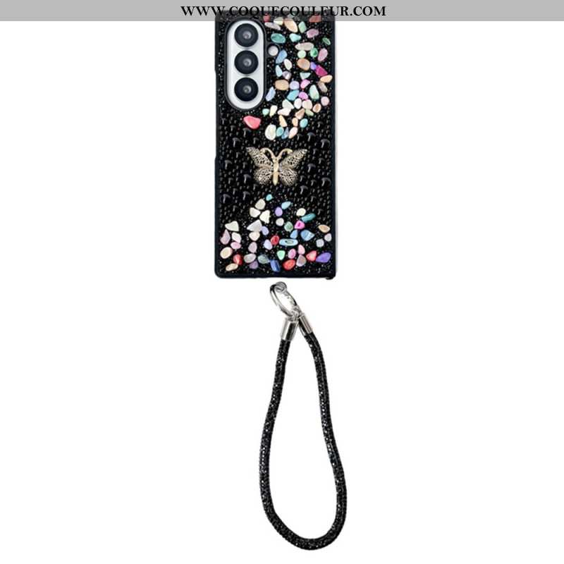 Coque Samsung Galaxy Z Fold 7 Papillon Strass avec Lanière