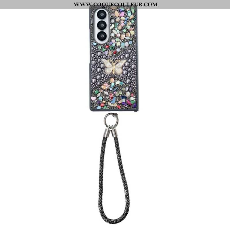 Coque Samsung Galaxy Z Fold 7 Papillon Strass avec Lanière