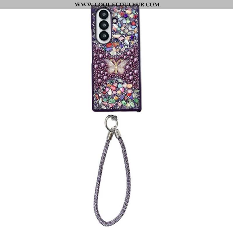 Coque Samsung Galaxy Z Fold 7 Papillon Strass avec Lanière