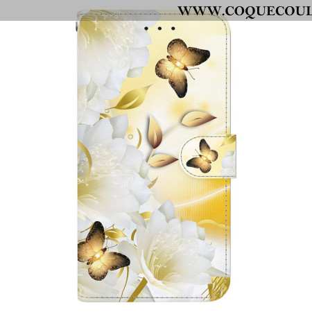 Housse Xiaomi 15 Pro Papillons Dorés et Fleurs Blanches