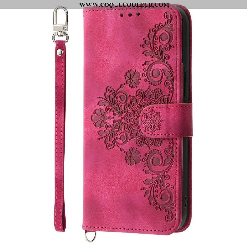 Housse Xiaomi 15 Pro Effet Daim Motif Floral à Lanière et Bandoulière