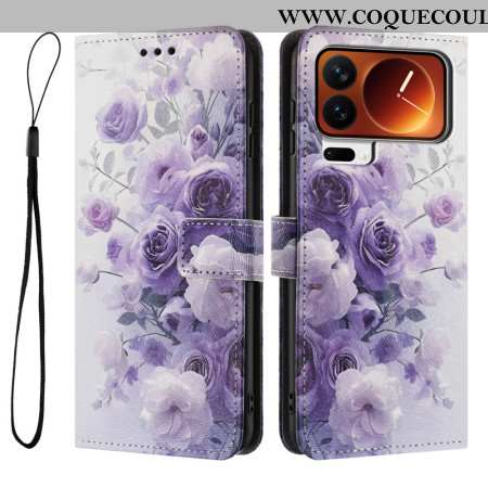 Étui Portefeuille à Rabat pour Xiaomi 17 Pro Max - Motif Rose Violette avec Dragonne