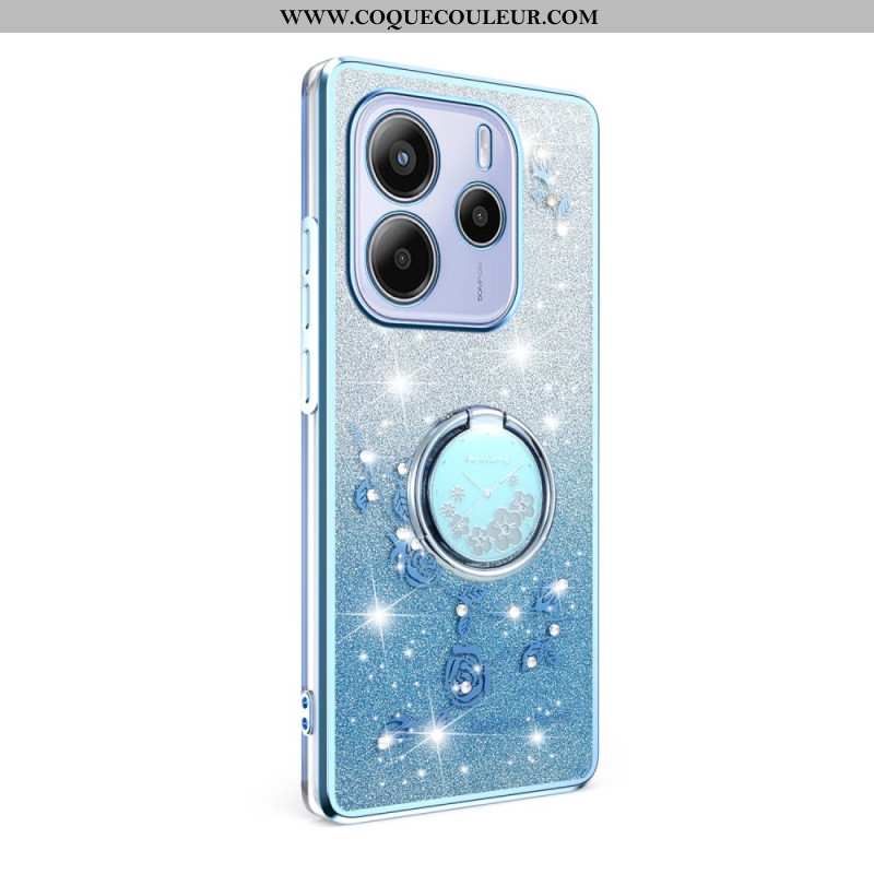 Coque Xiaomi Redmi Note 14 4G Anneau-Support Strass et Fleurs