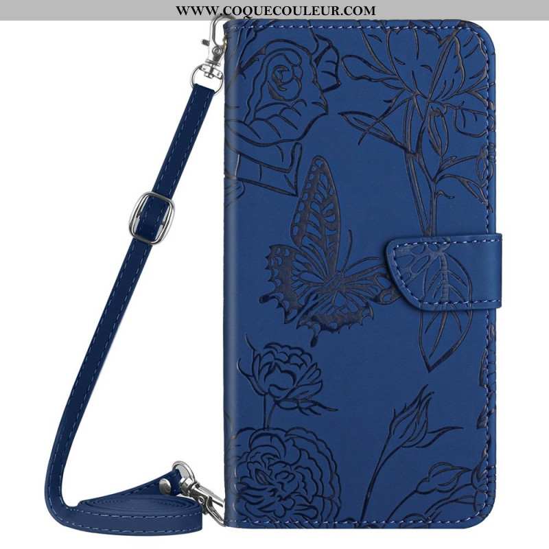 Housse Xiaomi Redmi Note 14 4G Empreinte Papillons à Bandoulière