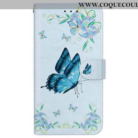 Housse Xiaomi Redmi Note 14 4G Papillon Bleu et Fleurs