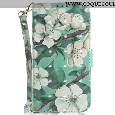 Housse Xiaomi Redmi Note 14 4G Fleurs Blanches à Lanière