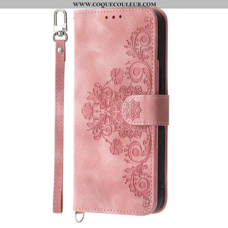 Housse Xiaomi Redmi Note 14 5G Portefeuille Motif Dentelle avec Lanière et Bandoulière