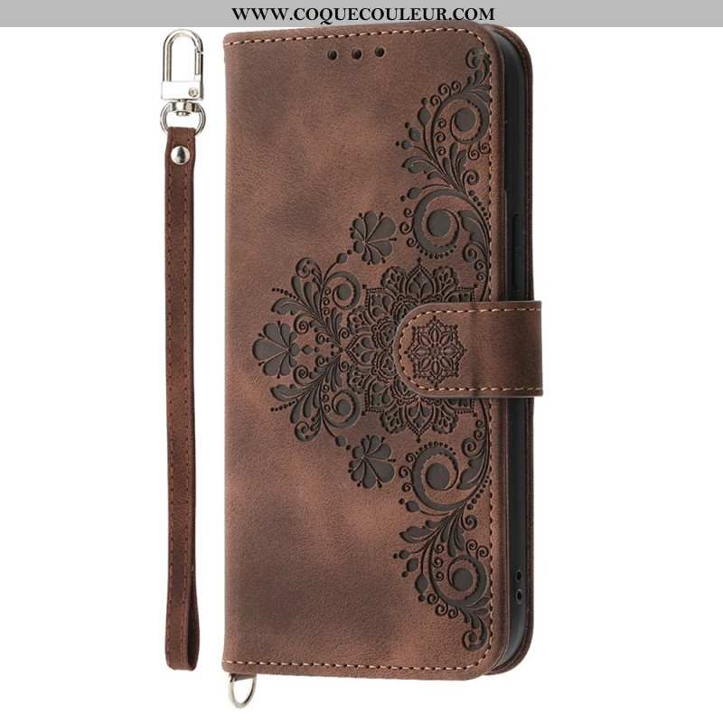 Housse Xiaomi Redmi Note 14 5G Portefeuille Motif Dentelle avec Lanière et Bandoulière